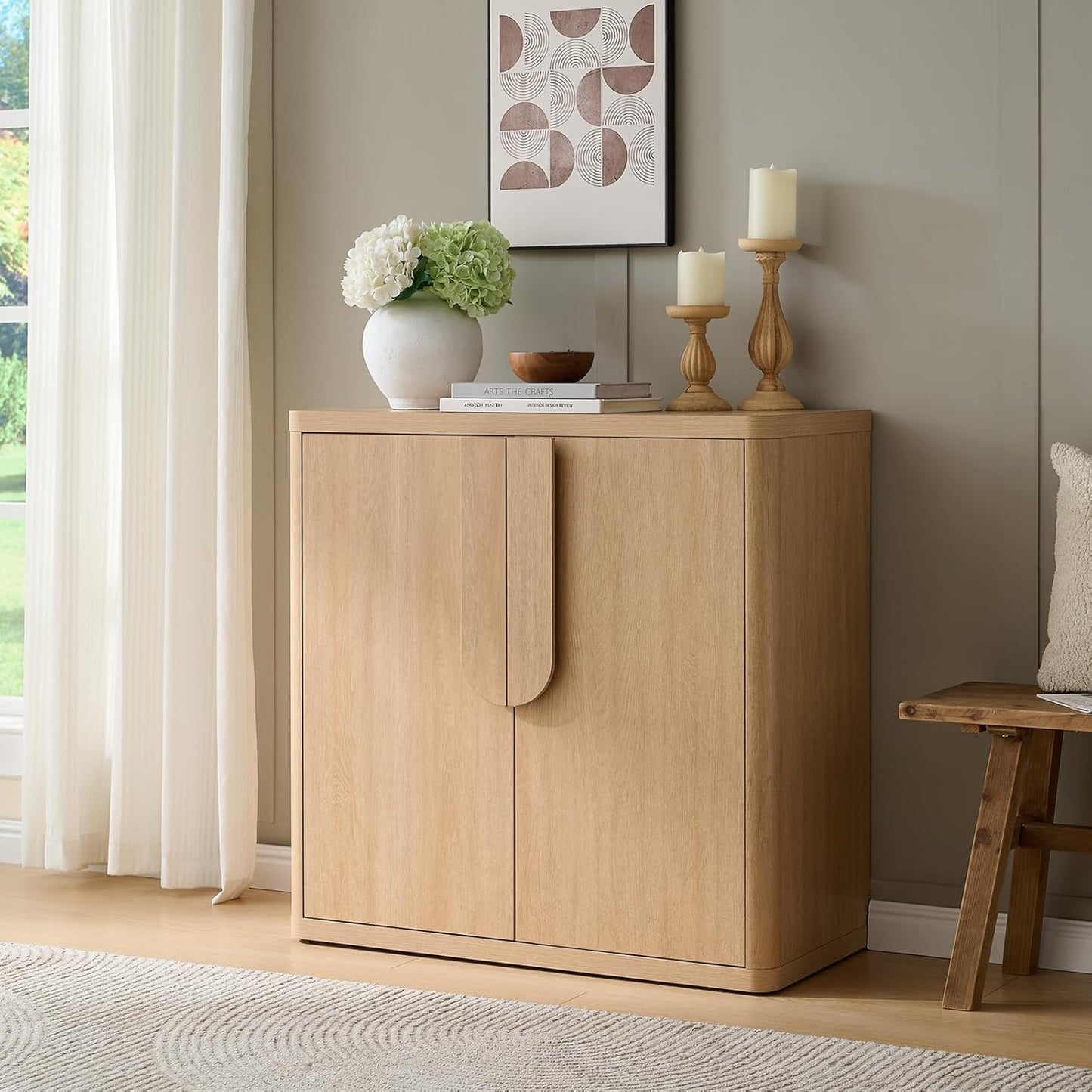 34.5'' Sideboard Buffet Cabinet W/Storage, Modern Accent Cabinets W/Curved Handles & Adjustable Shelves, 4 Doors Coffee Bar Buffet Table Credenza for Living Room Kitchen Hallway, Natural