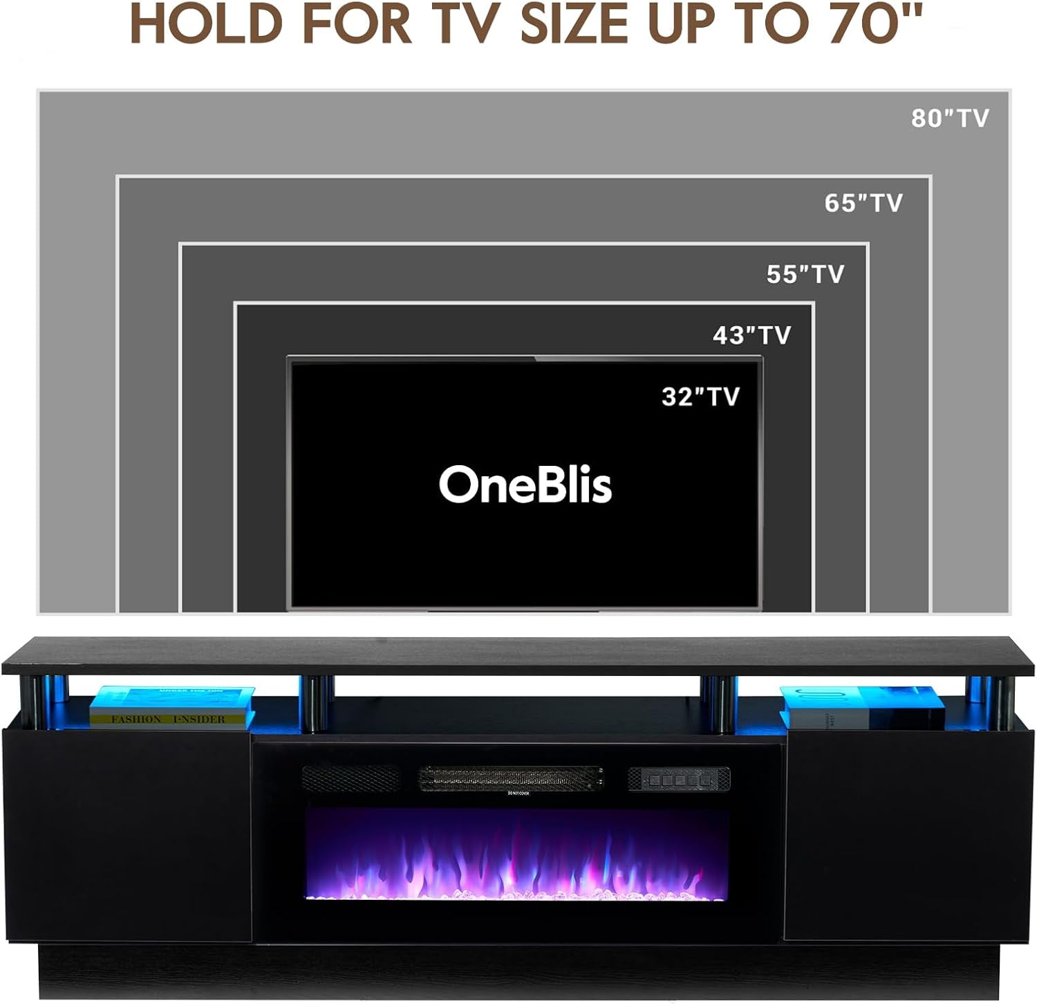 70" TV Stand for Living Room, Modern Entertainment Center & Media Console, Fits Tvs up to 80", Storage Cabinet with Shelves, 36" Electric Fireplace with LED Flame (All Black)