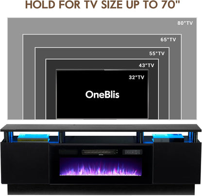70" TV Stand for Living Room, Modern Entertainment Center & Media Console, Fits Tvs up to 80", Storage Cabinet with Shelves, 36" Electric Fireplace with LED Flame (All Black)