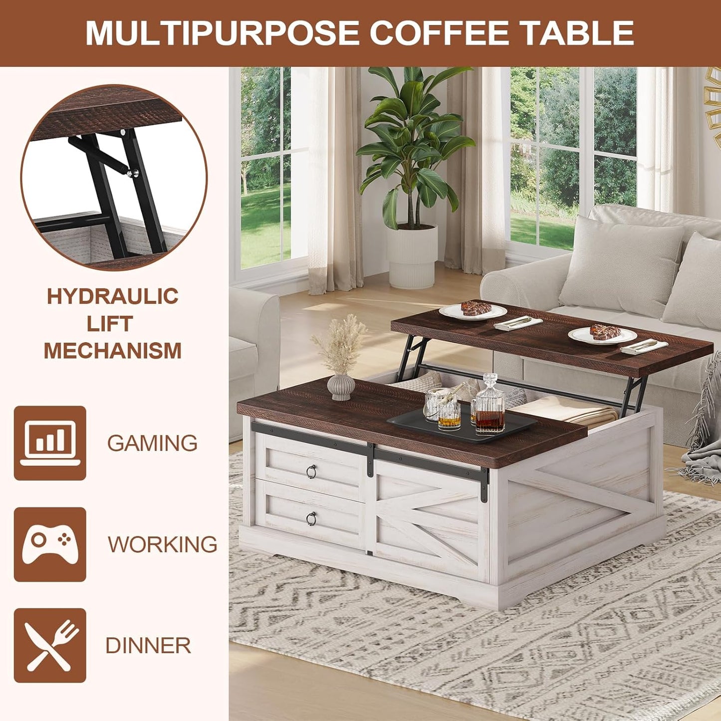 39.4'' Lift Top Coffee Table with Storage, Farmhouse Coffee Tables for Living Room, Square Coffee Table with Large Hidden Compartment & 2 Drawers & Adjustable Shelves, White