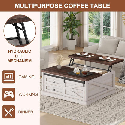 39.4'' Lift Top Coffee Table with Storage, Farmhouse Coffee Tables for Living Room, Square Coffee Table with Large Hidden Compartment & 2 Drawers & Adjustable Shelves, White