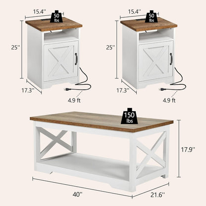 3-Piece Farmhouse Living Room Table Sets, Includes 1 X Coffee Table, 2 X End Tables with Charging Station & USB Ports, Rustic Coffee Table Set of 3, Distressed White