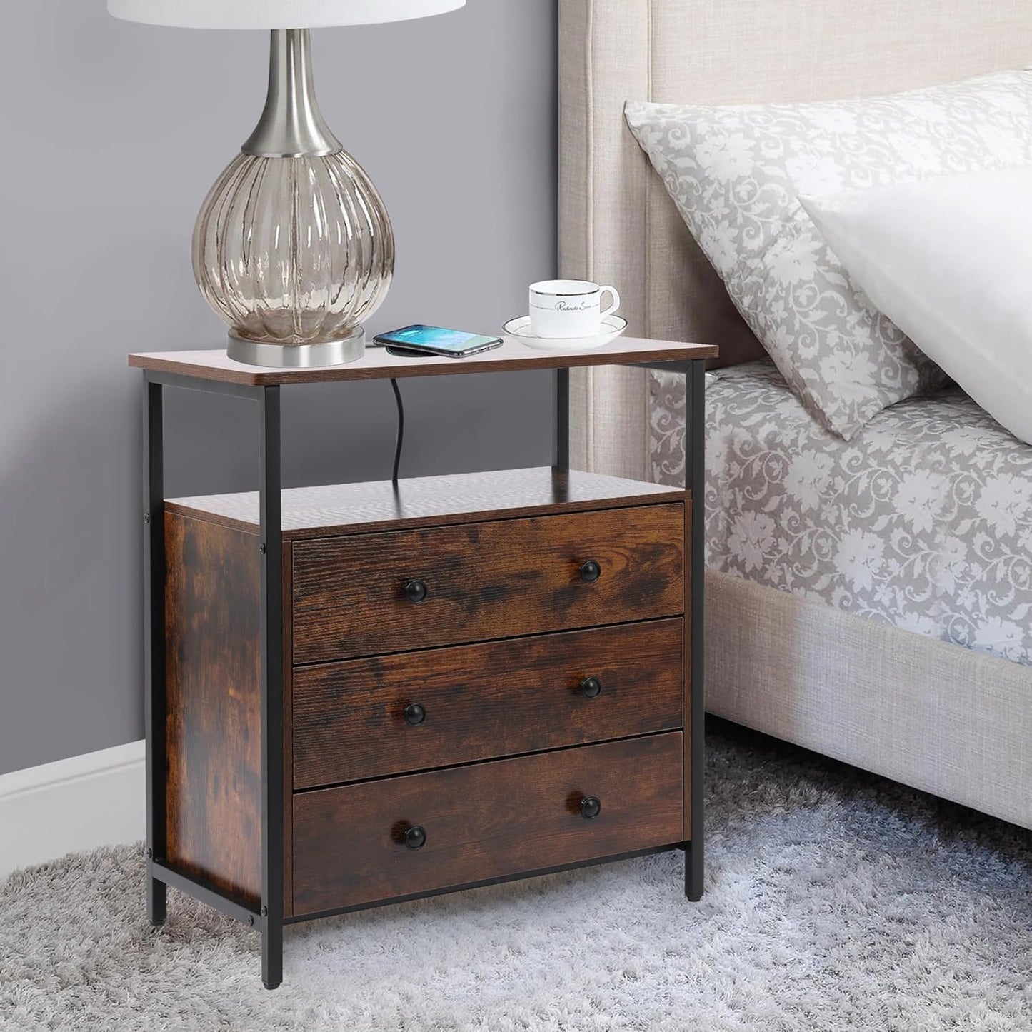 3 Wooden Drawers Night Stand, 27 Inch Wide Nightstand with Charging Station and Adjustable Drawers, Small Dresser for Closet, Bedside Table for Living Room/Bedroom/Office, Retro Brown.
