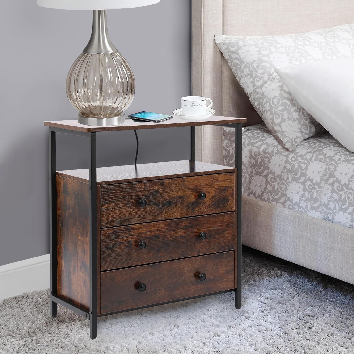 3 Wooden Drawers Night Stand, 27 Inch Wide Nightstand with Charging Station and Adjustable Drawers, Small Dresser for Closet, Bedside Table for Living Room/Bedroom/Office, Retro Brown.