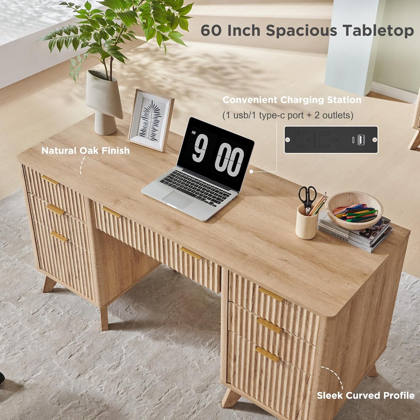 Fluted Executive Desk with Drawers, 60" Modern Home Office Computer Desk with Charging Station, File Cabinet, Keyboard Tray and Storage Cabinet for Study, Living Room, Bedroom, Natural Oak