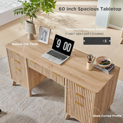 Fluted Executive Desk with Drawers, 60" Modern Home Office Computer Desk with Charging Station, File Cabinet, Keyboard Tray and Storage Cabinet for Study, Living Room, Bedroom, Natural Oak