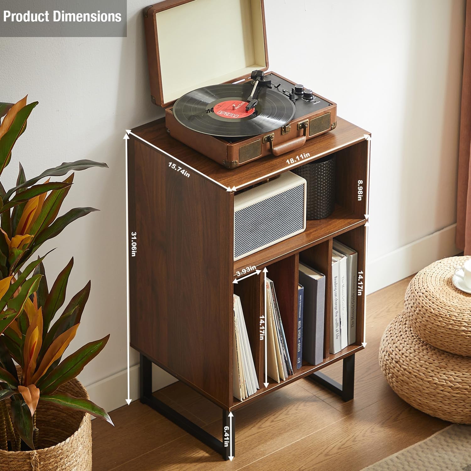 Record Player Stand with Vinyl Storage Cabinet, Turntable Table for Albums & Lps - Modern Media Console | Furniture for Living Room, Bedroom & Office | Dark Walnut