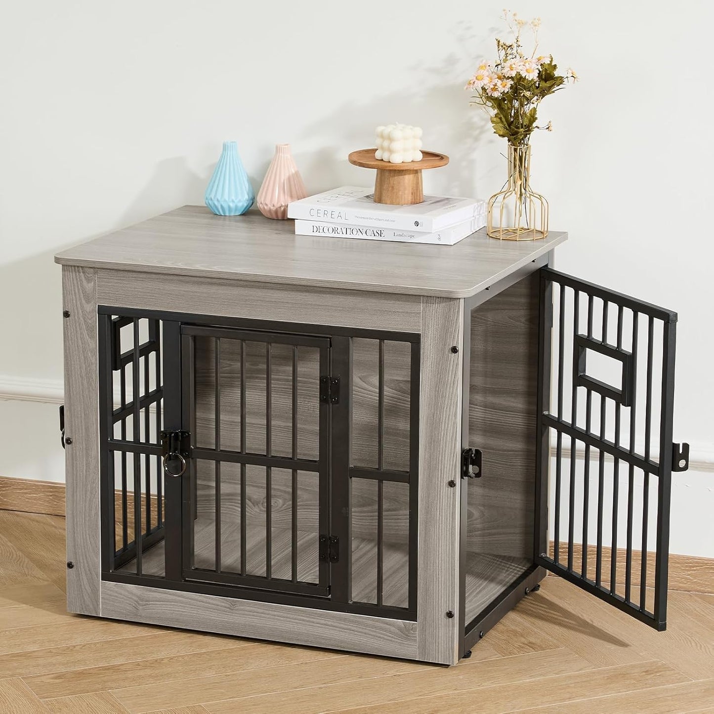 Dog Crate Furniture for Small Dog, 27.2 Inches Dog Kennel Indoor, Wooden Dog Cage End Table, Heavy Duty Dog Crates, Rustic Grey