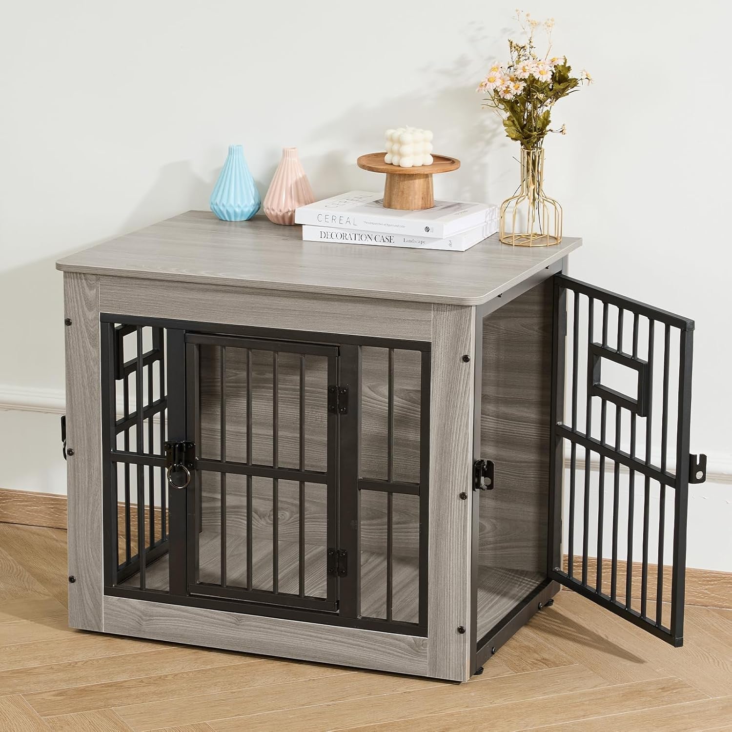 Dog Crate Furniture for Small Dog, 27.2 Inches Dog Kennel Indoor, Wooden Dog Cage End Table, Heavy Duty Dog Crates, Rustic Grey