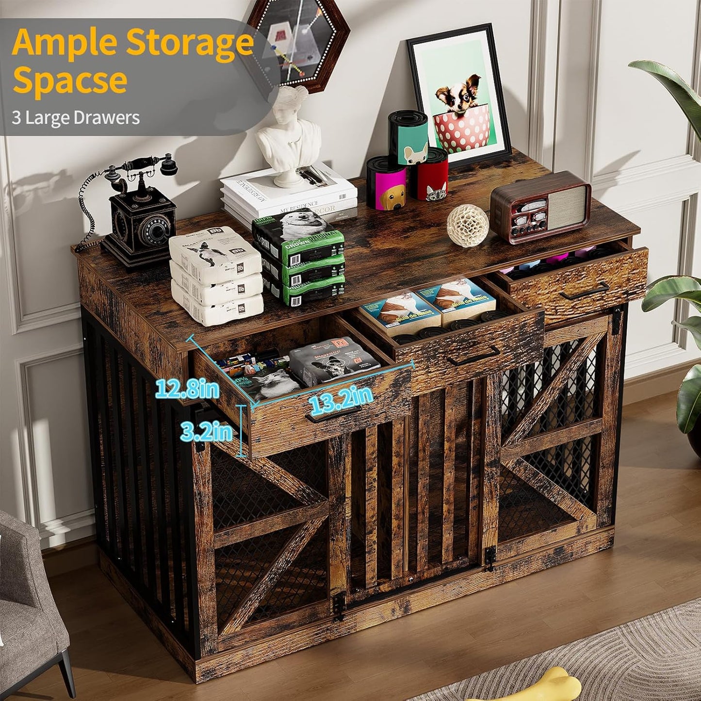 48'' Dog Crate Furniture with Removable Divider & Storage Drawers, Wooden Double Dog Cage TV Stand with 2 Sliding Barn Doors, Multi-Functional Dog Crate End Table for Indoor Use (Retro Brown)