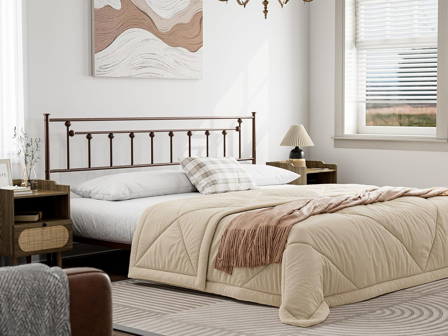 Metal King Size Headboard, Victorian Farmhouse Style Headboard, Easy Assembly, Steel King Headboard Only for Bedroom - Brown