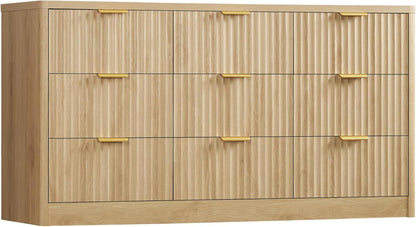 Fluted Dresser for Bedroom with 9 Drawers, 63" Wide Modern Chest of Drawers with Metal Handle & Curved Profile Design, Wood Closet Clothes Storage Organizer for Living Room, Hallway, Natural