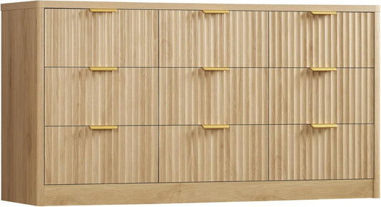 Fluted Dresser for Bedroom with 9 Drawers, 63" Wide Modern Chest of Drawers with Metal Handle & Curved Profile Design, Wood Closet Clothes Storage Organizer for Living Room, Hallway, Natural