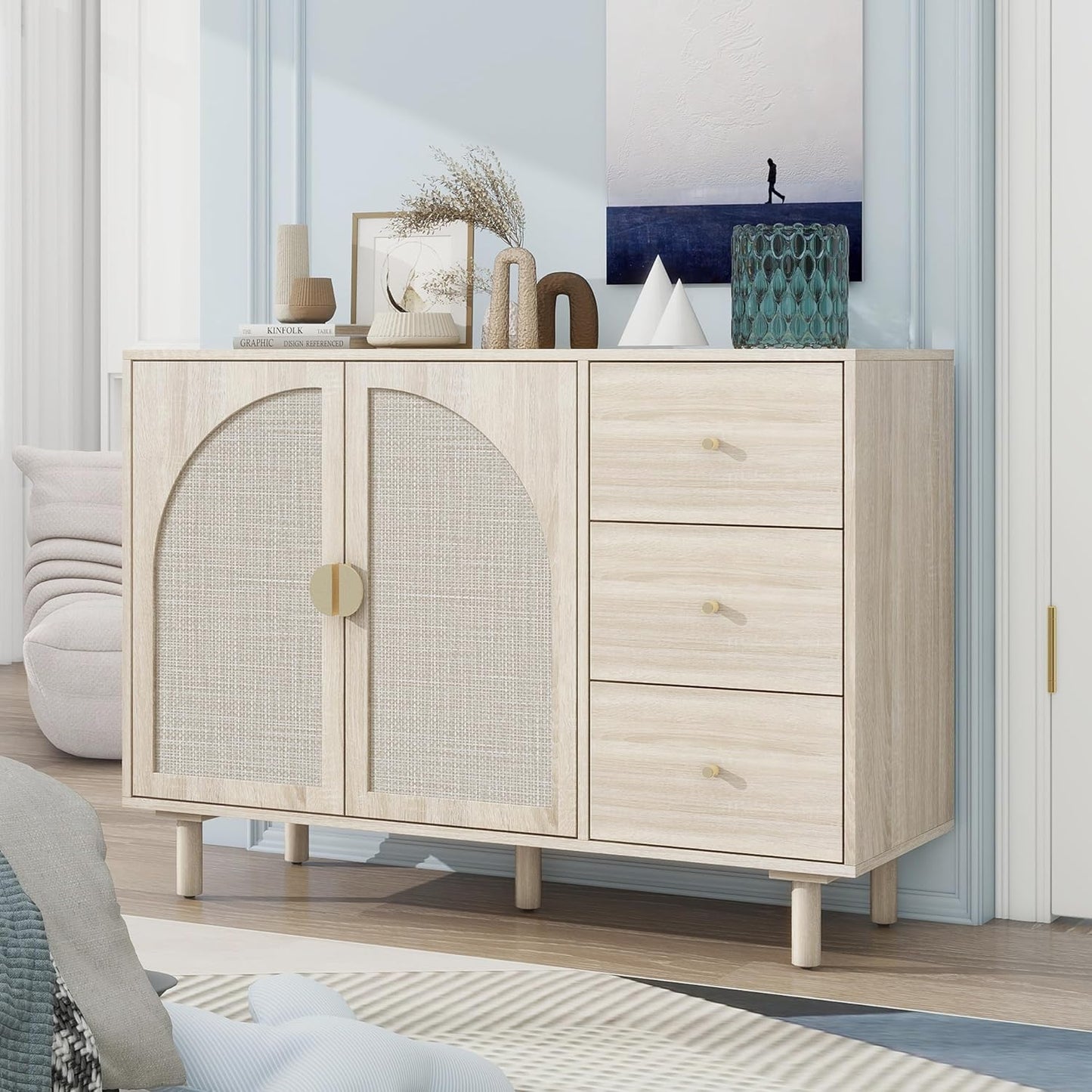Beige Sideboard Buffet Cabinet, 2-Door and 3-Drawer Rattan Storage Cabinet, Coffee Bar with Adjustable Shelf, Accent Furniture for Living Room, Entryway, Home Office, Oak