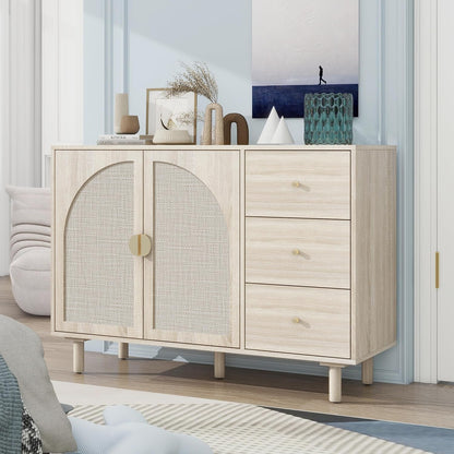 Beige Sideboard Buffet Cabinet, 2-Door and 3-Drawer Rattan Storage Cabinet, Coffee Bar with Adjustable Shelf, Accent Furniture for Living Room, Entryway, Home Office, Oak
