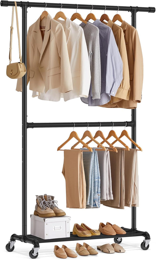 Heavy-Duty Clothes Rack, Double-Rod Clothing Rack for Hanging Clothes, Industrial Garment Rack on Wheels, Adjustable Metal Frame, 2 Casters with Brakes, Commercial Display, Black UHSR62BK