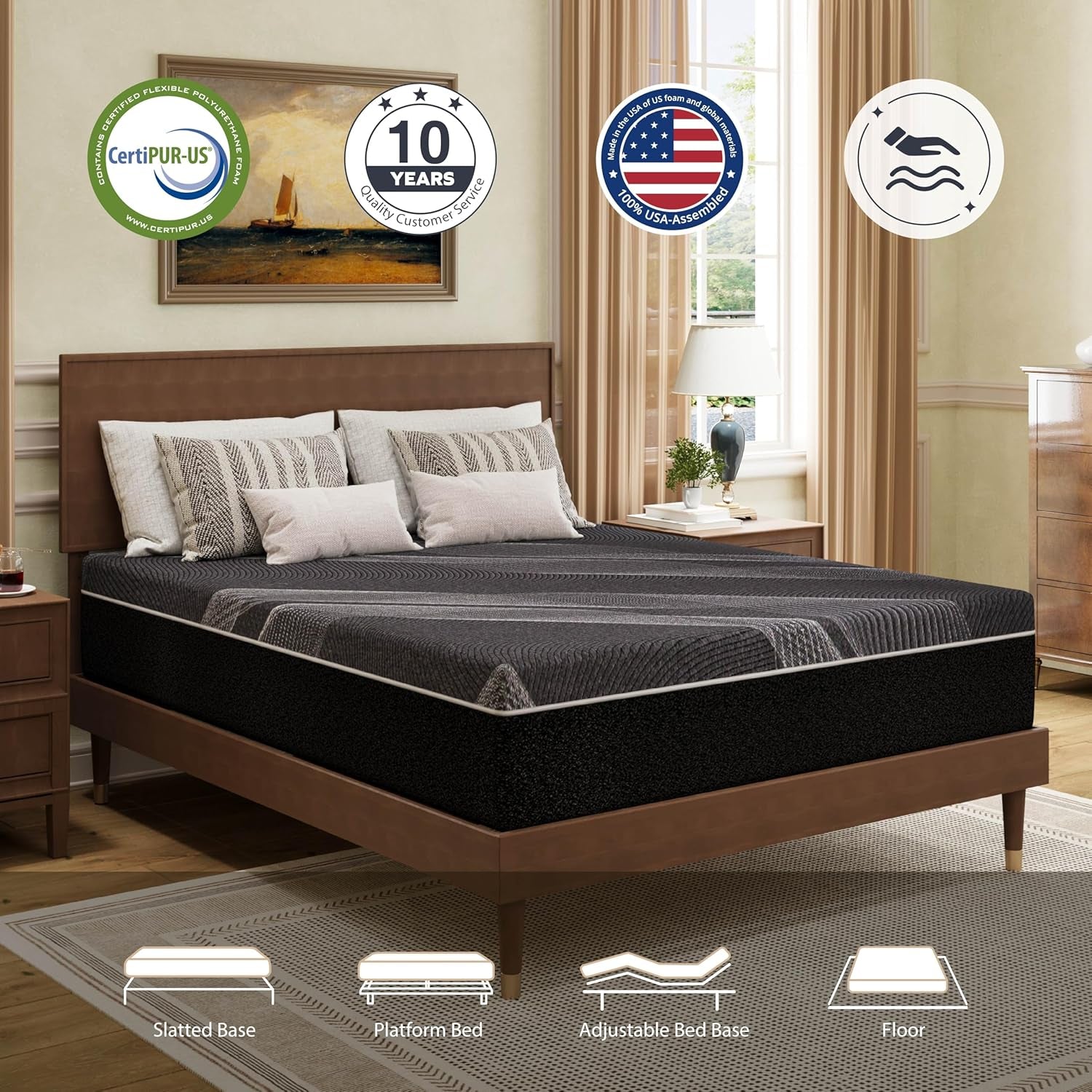 Queen Mattress 10 Inch Charcoal Gel Memory Foam in a Box, Certipur-Us Certified, Fiberglass Free, Cooling Double Mattress, Made in the USA of US Foam, 80" × 60" × 10", Medium