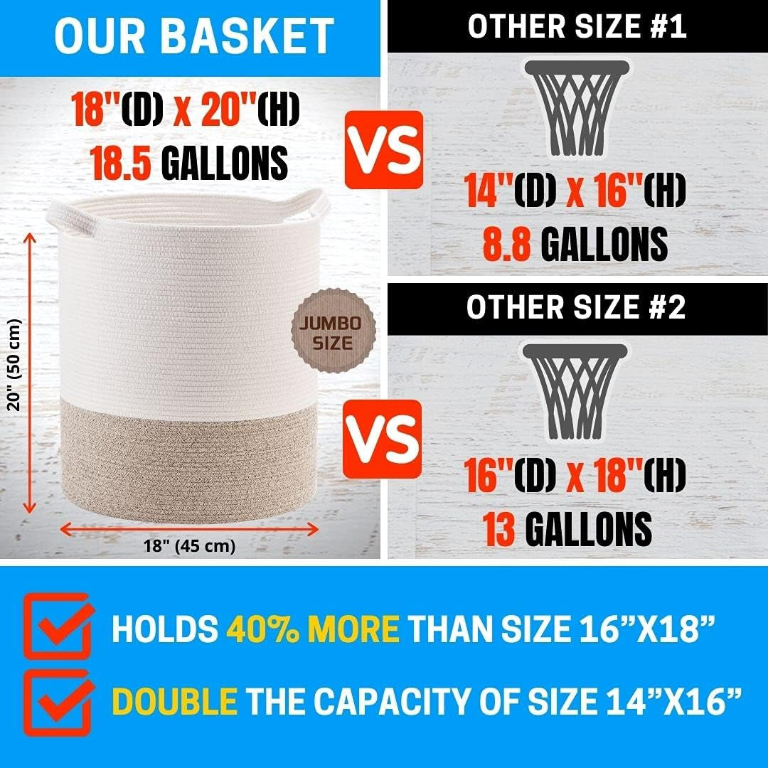 83L Extra Large 20X18 Inches Decorative Woven Cotton Rope Basket, Tall Laundry Basket Hamper, Blanket Basket for Living Room, round Storage Baskets for Pillows, Towels, Light Brown