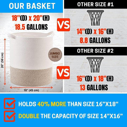 83L Extra Large 20X18 Inches Decorative Woven Cotton Rope Basket, Tall Laundry Basket Hamper, Blanket Basket for Living Room, round Storage Baskets for Pillows, Towels, Light Brown