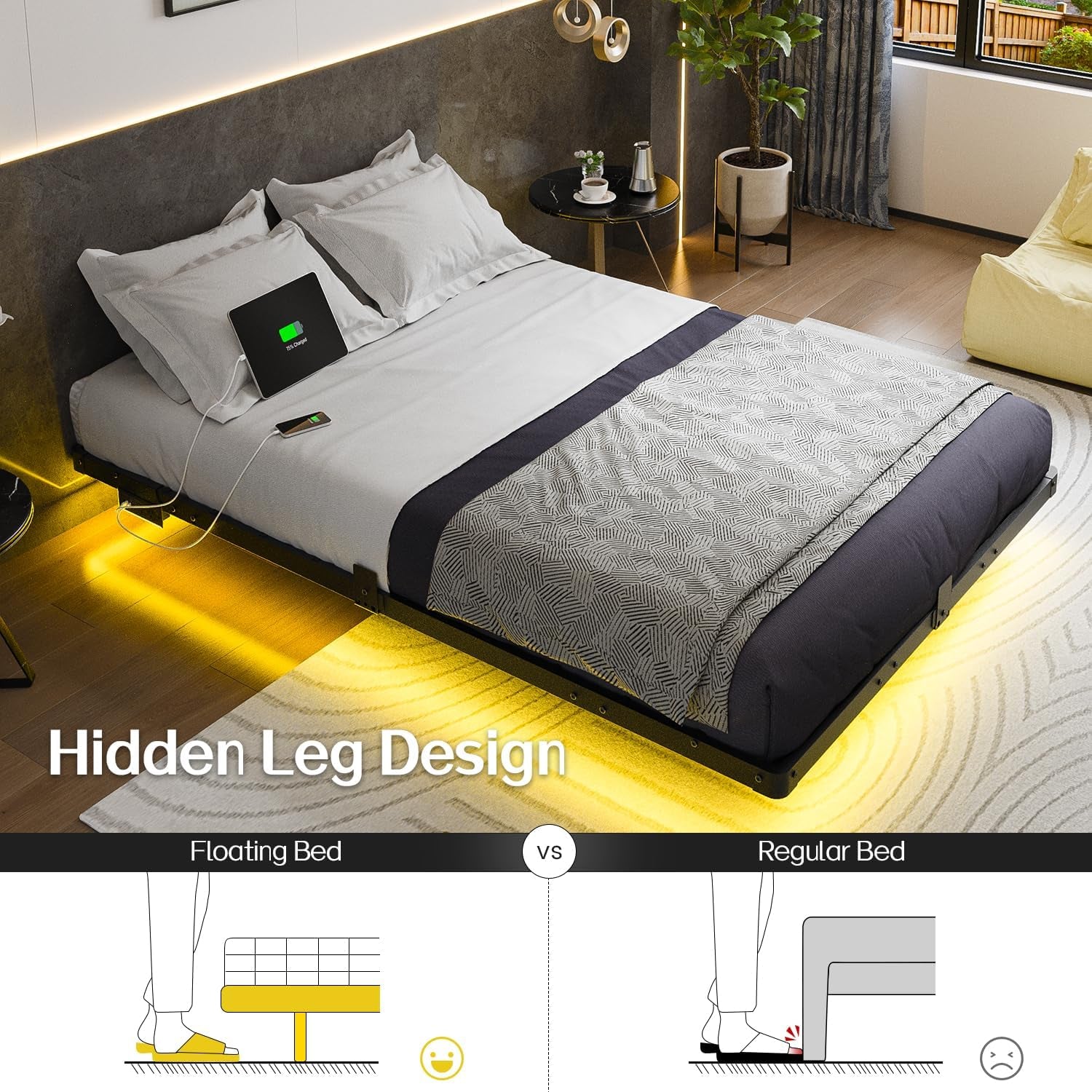 Full Size Modern Floating Bed Frame with Smart LED Lights, USB Charging Station, Sturdy Metal Platform, No Box Spring Needed, and Easy Assembly