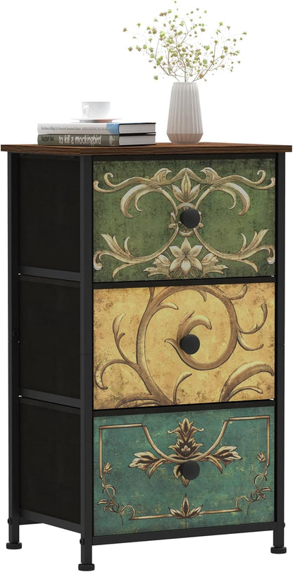 Small Dresser for Bedroom with Retro Flower Narrow Drawers Slim Chest of Drawers Skinny Nightstand Sofa End Table for Living Room Entryway Closet Storage (Multi, 3 Drawers)