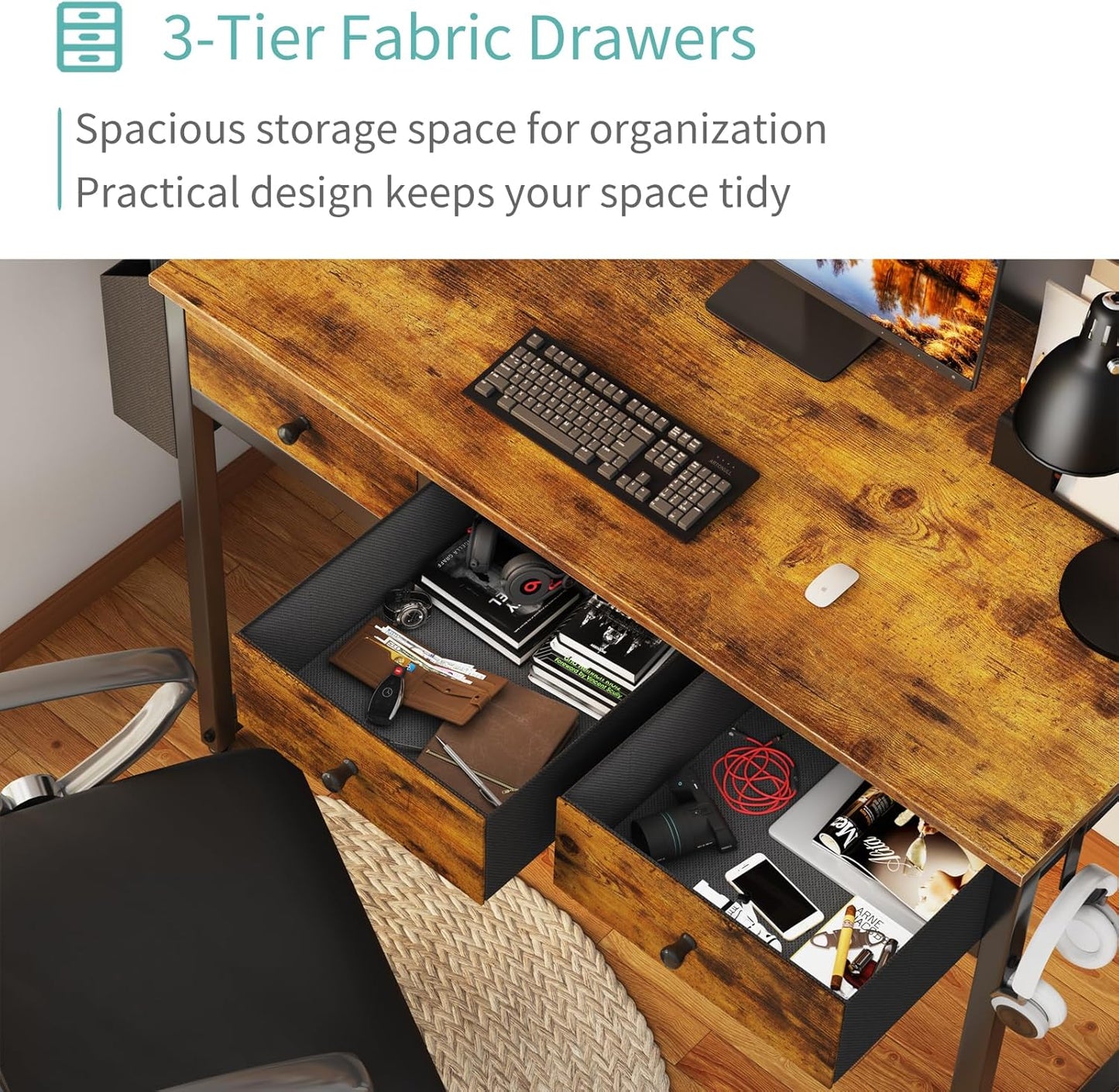 Small Computer Desk with 2 Drawers for Bedroom, 31 Inch Home Office Desk with Storage Fabric Drawer and Bag, Study Writing Table for Small Spaces, Rustic Brown