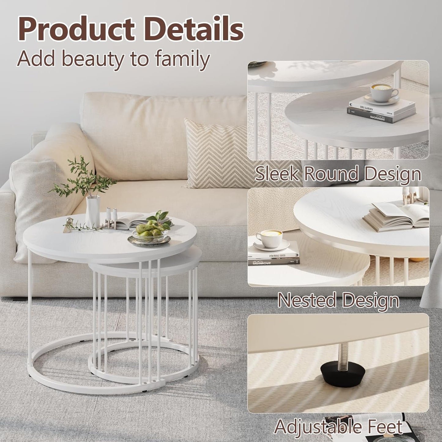 Nesting Coffee Table, 23.6" round Coffee Table Set of 2, Wooden Nesting Table with Metal Frame, Ceter Tables for Living Room Bedroom Balcony, White