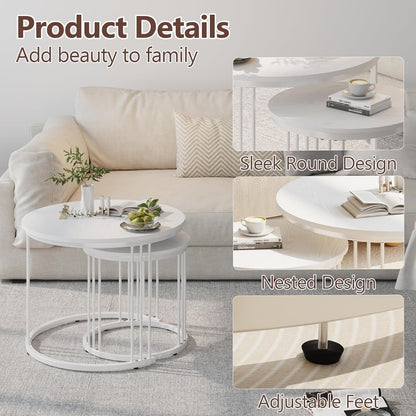 Nesting Coffee Table, 23.6" round Coffee Table Set of 2, Wooden Nesting Table with Metal Frame, Ceter Tables for Living Room Bedroom Balcony, White