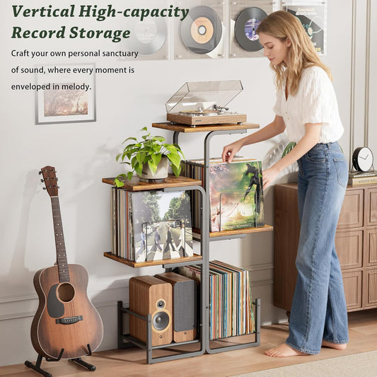 Planter-Inspired Record Player Stand with Large Vinyl Storage, Vintage Turntable Table Cabinet with LP Holder Shelf, Record Display Organizer for Albums, Living Room, Bedroom & Small Spaces
