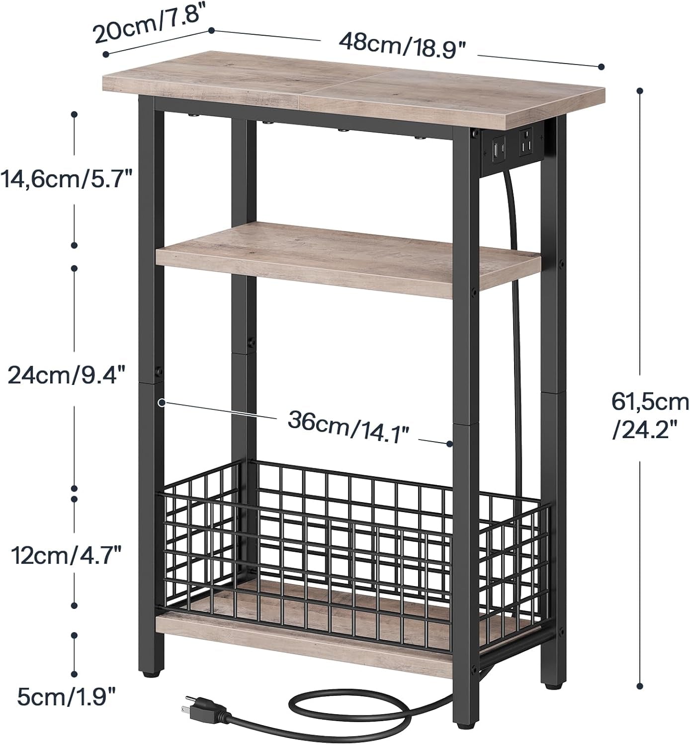 Narrow Side Table with Charging Station and LED Light, Small End Table with Storage, Skinny Nightstand with USB Port, Slim Bedside Table for Small Spaces, Living Room, Greige BG242UDBZ01