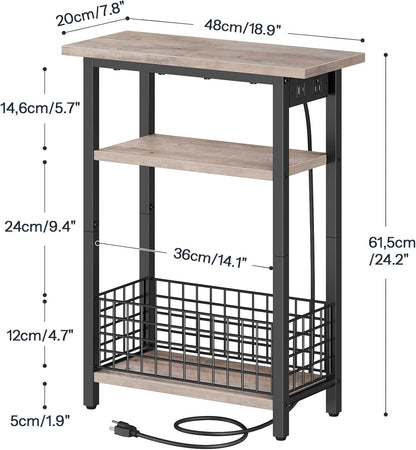 Narrow Side Table with Charging Station and LED Light, Small End Table with Storage, Skinny Nightstand with USB Port, Slim Bedside Table for Small Spaces, Living Room, Greige BG242UDBZ01