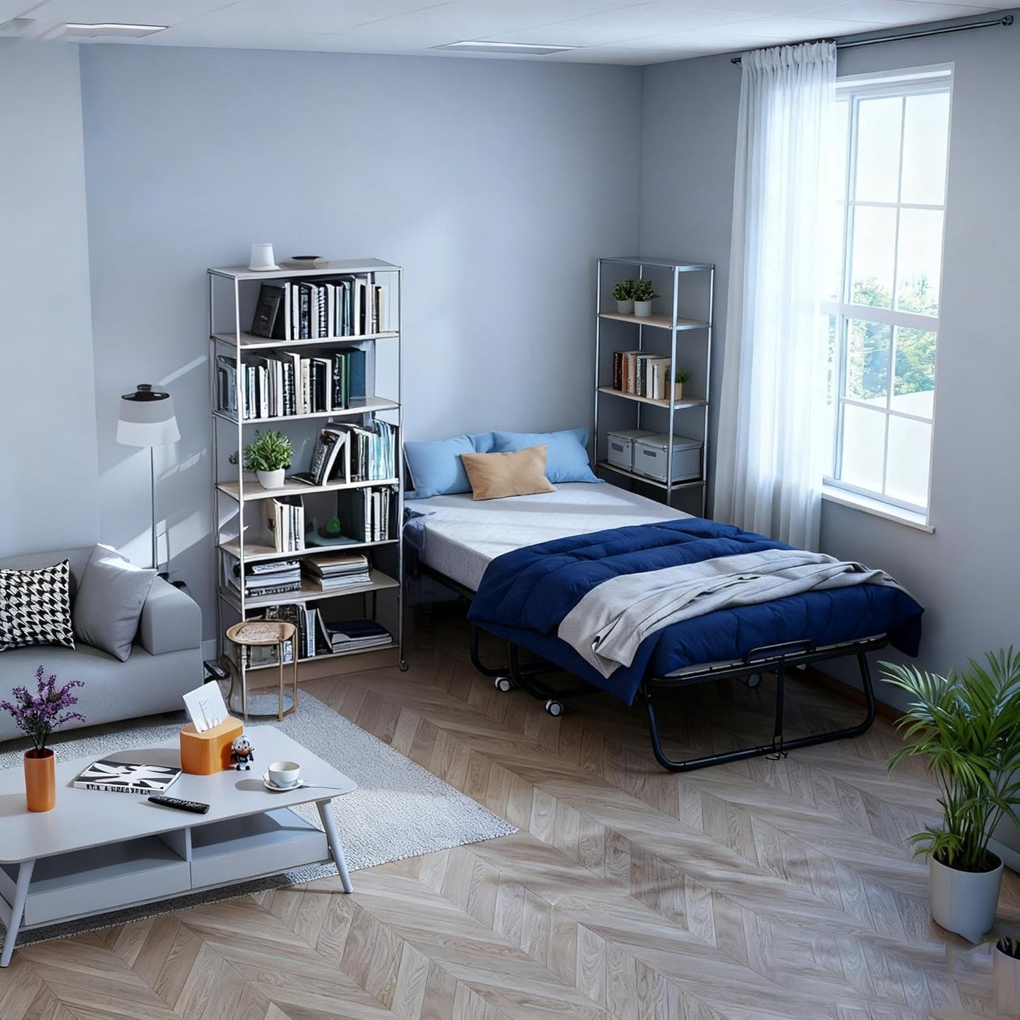 Folding Bed with Mattress, Twin Foldable Bed, Roll Away Beds for Adults, 75" X 31" Roll Away Portable Beds with 5" Mattress, Folded Frame for Small Apartment, Guest Room