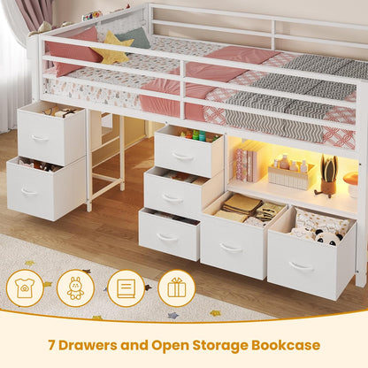 Low Loft Bed Twin Size with 7 Storage Drawers, Bookcase and LED Lights, Metal Kids Loft Bed with 14" H Safety Guardrail,Inclined Ladder and Play Curtain, Under-Bed Play Space, White