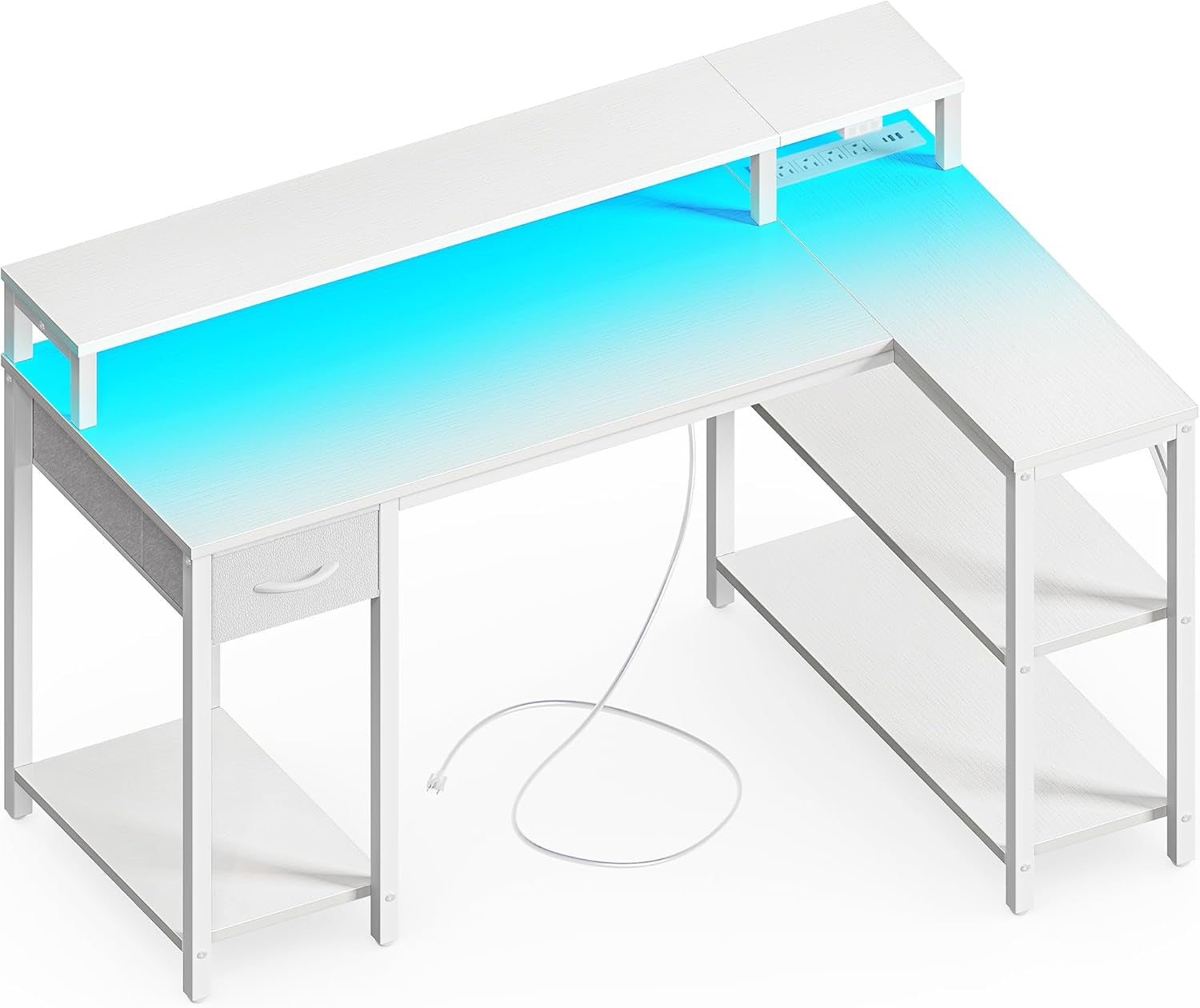 47 Inch Reversible L Shaped Desk with LED Lights & Power Outlets, Computer Desk with Shelves & Monitor Stand, Gaming Desk with Drawer, Home Office Desk Corner Desk, PU White Drawer