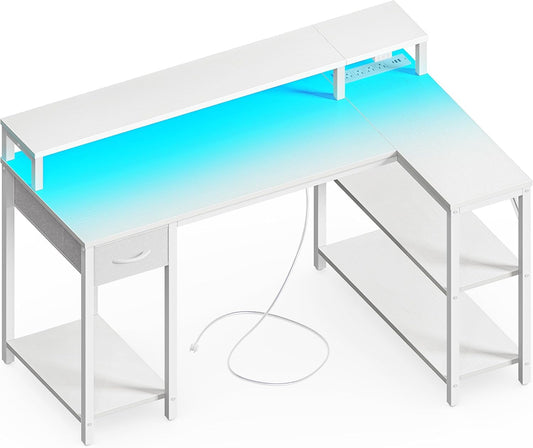 47 Inch Reversible L Shaped Desk with LED Lights & Power Outlets, Computer Desk with Shelves & Monitor Stand, Gaming Desk with Drawer, Home Office Desk Corner Desk, PU White Drawer