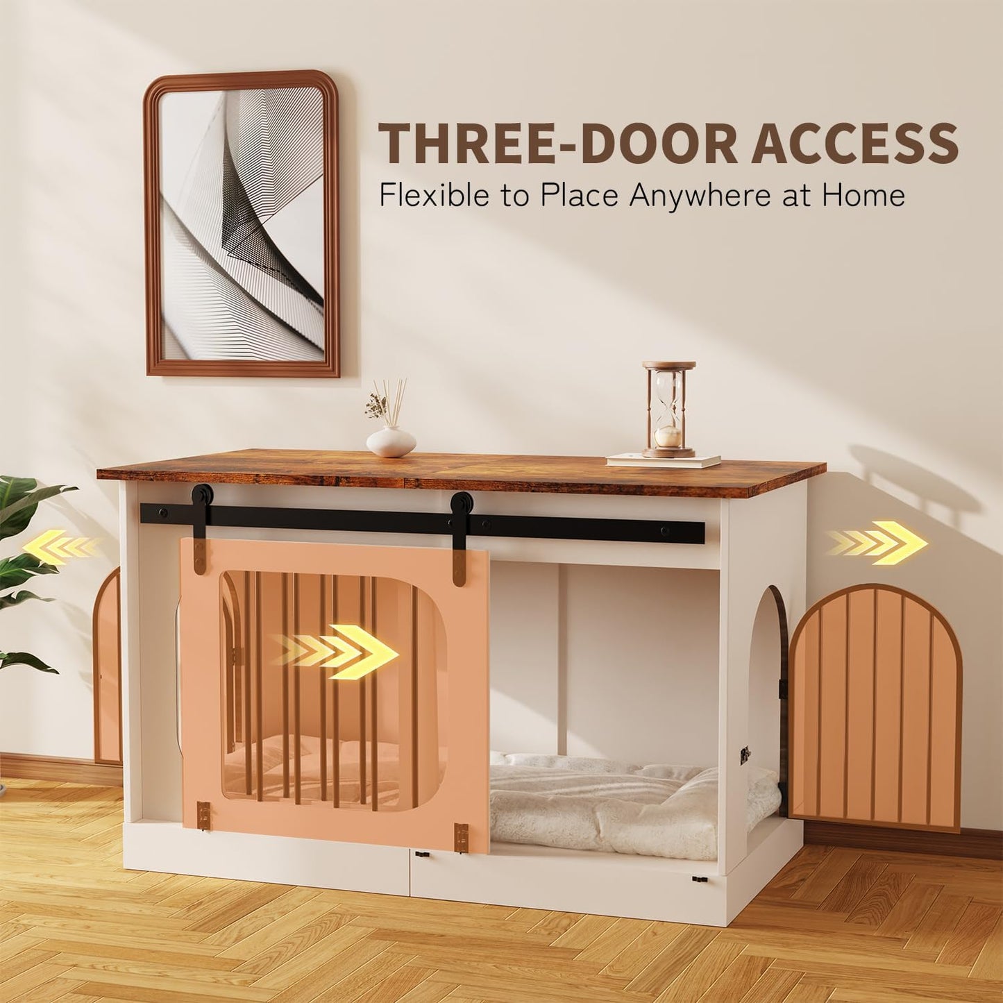 XXL Dog Crate Furniture, 47.2 Inches White Kennel Furniture with Cushion Decorative Farmhouse Crate Indoor Thick Wooden Pet House End Table Modern Cage Furniture for Medium/Large Dog