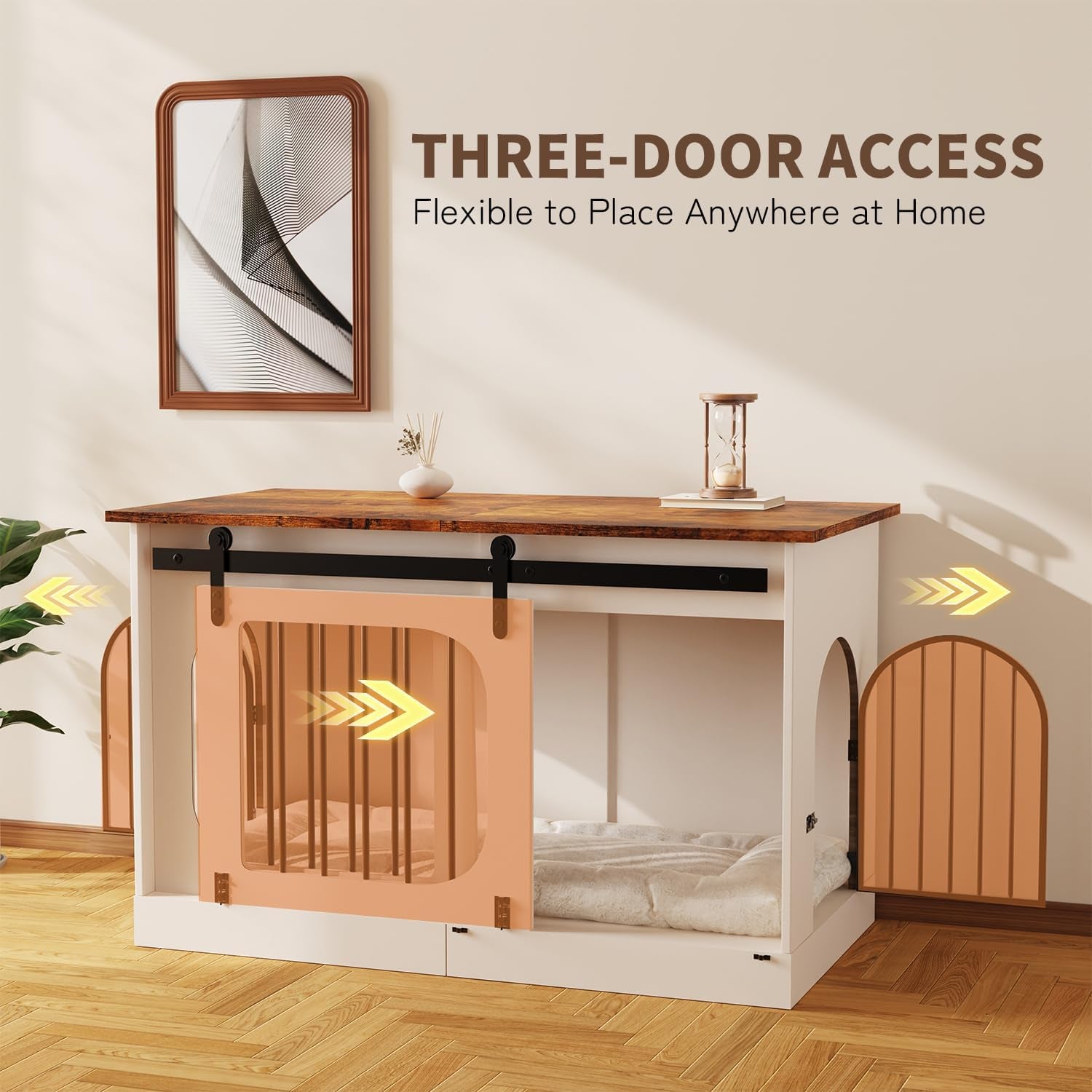 XXL Dog Crate Furniture, 47.2 Inches White Kennel Furniture with Cushion Decorative Farmhouse Crate Indoor Thick Wooden Pet House End Table Modern Cage Furniture for Medium/Large Dog