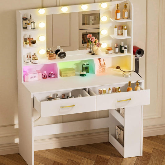 Vanity Desk with Lighted Mirror and Power Outlet, RGB LED Lights Makeup Vanity Set for Girls, Large Storage Capacity Dressing Table for Bedroom, 3 Lighting Modes Adjustable Brightness, White