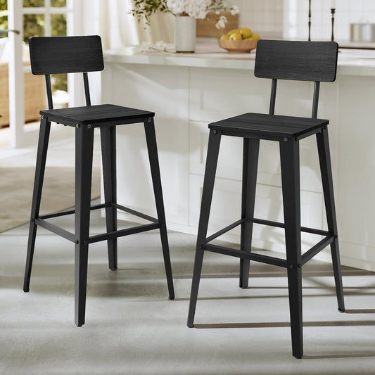 Set of 2 Bar Stools, Bar Height Stools, 29.1 Inches Tall Barstools with Back, Counter Bar Chairs for Kitchen Island, Steel Frame, Industrial Style, Easy Assembly, Ash Black and Ink Black