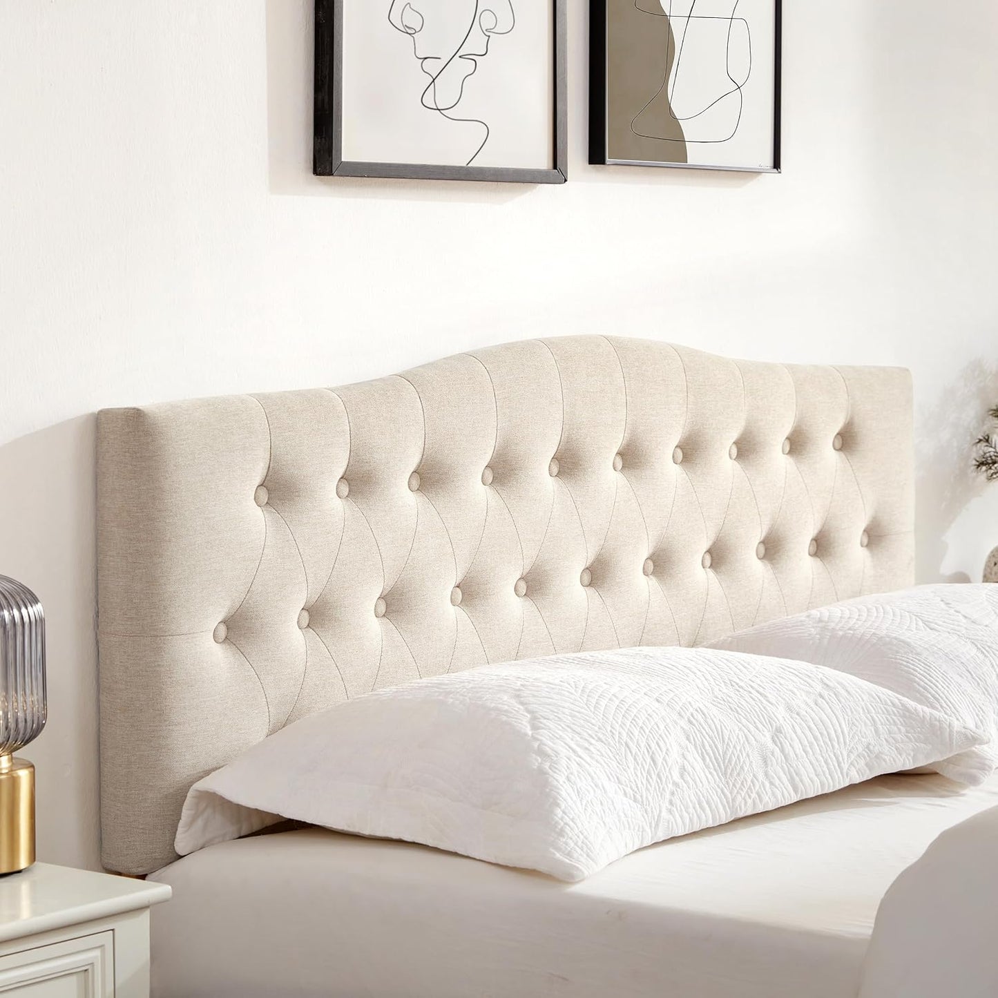 Tufted Upholstered Headboard Queen Size, Sturdy and Durable Solid Wood Bed Headboard, Fabric Headboard Adjustable Height from 37” to 51”, Modern Button Diamond Design Head Board, Beige