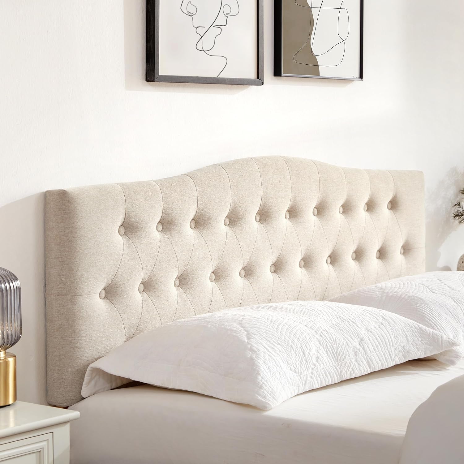 Tufted Upholstered Headboard Queen Size, Sturdy and Durable Solid Wood Bed Headboard, Fabric Headboard Adjustable Height from 37” to 51”, Modern Button Diamond Design Head Board, Beige