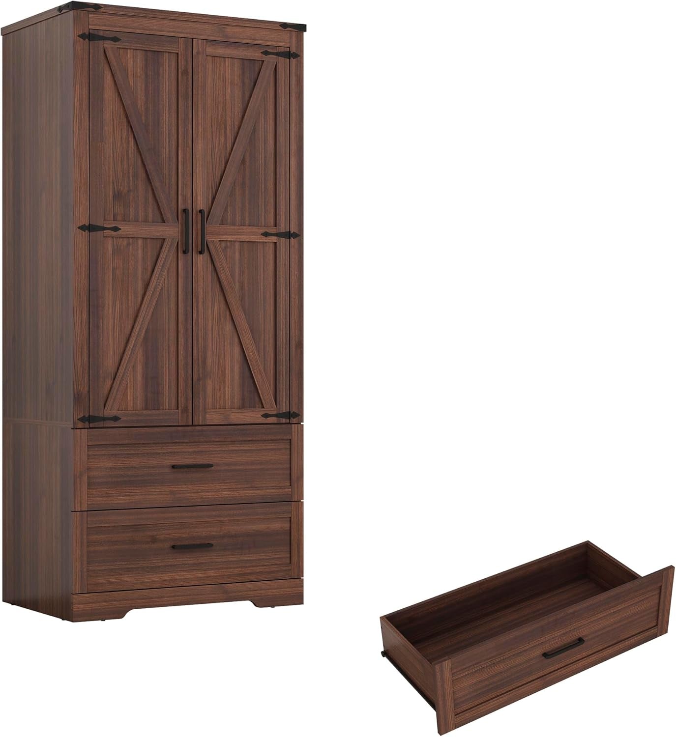 2 Doors Wardrobe Armoire Closet with Doors and Drawers, Farmhouse Wooden Armoire Storage Cabinet with Shelves & Hanging Rod for Bedroom, Brown