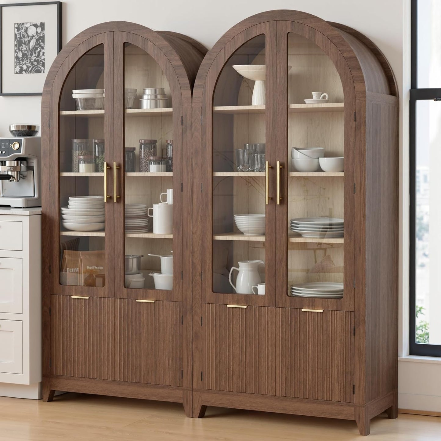 Tall Arched Cabinet with Glass Doors, 68.9" Pantry Storage Cabinets with Fluted Doors & Adjustable Shelves, Mid Century Modern Wood Display Bookcase for Kitchen, Living Room, Bathroom, Walnut