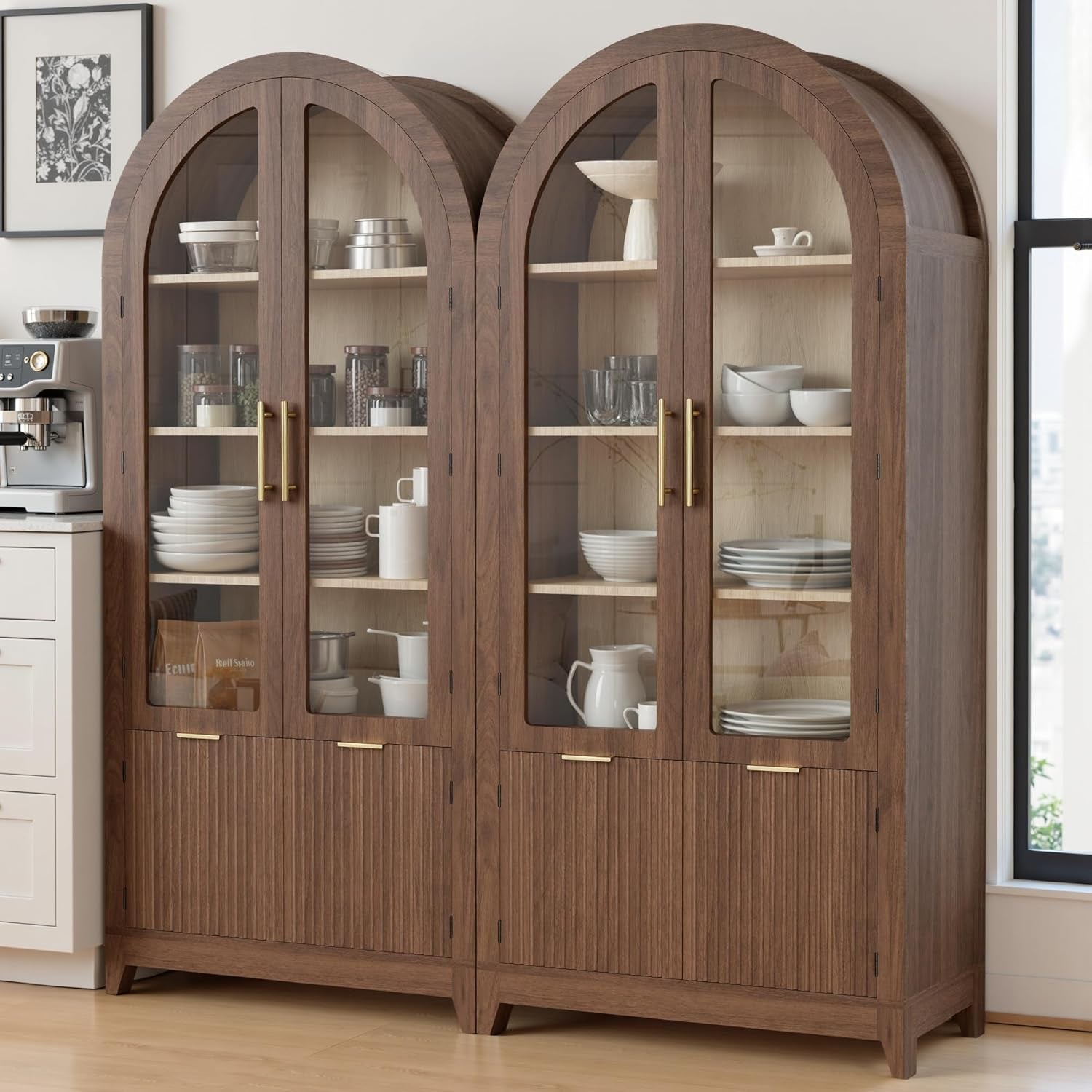 Tall Arched Cabinet with Glass Doors, 68.9" Pantry Storage Cabinets with Fluted Doors & Adjustable Shelves, Mid Century Modern Wood Display Bookcase for Kitchen, Living Room, Bathroom, Walnut