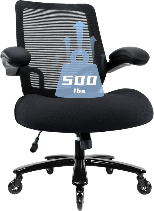 500Lbs Big and Tall Office Chair - Heavy Duty Mesh Ergonomic Desk Chair, High Back Computer Chair - Flip-Up Armrests, Wide Thick Seat Cushion, Quiet Wheels