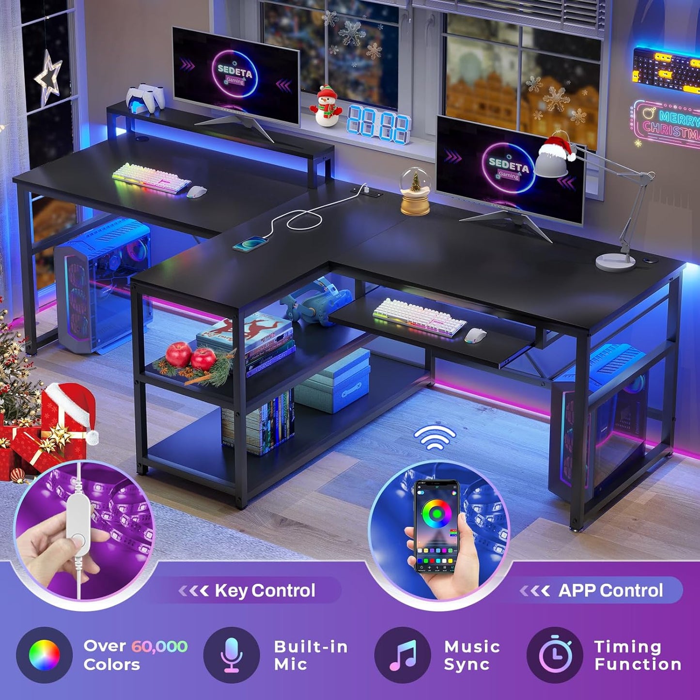 94.5" White Computer Desk, Two Person Gaming Desk with LED Light, Keyboard Tray, Power Strip with USB, Monitor Shelf & Storage, Extra Long Double Desk for Home Office, White.