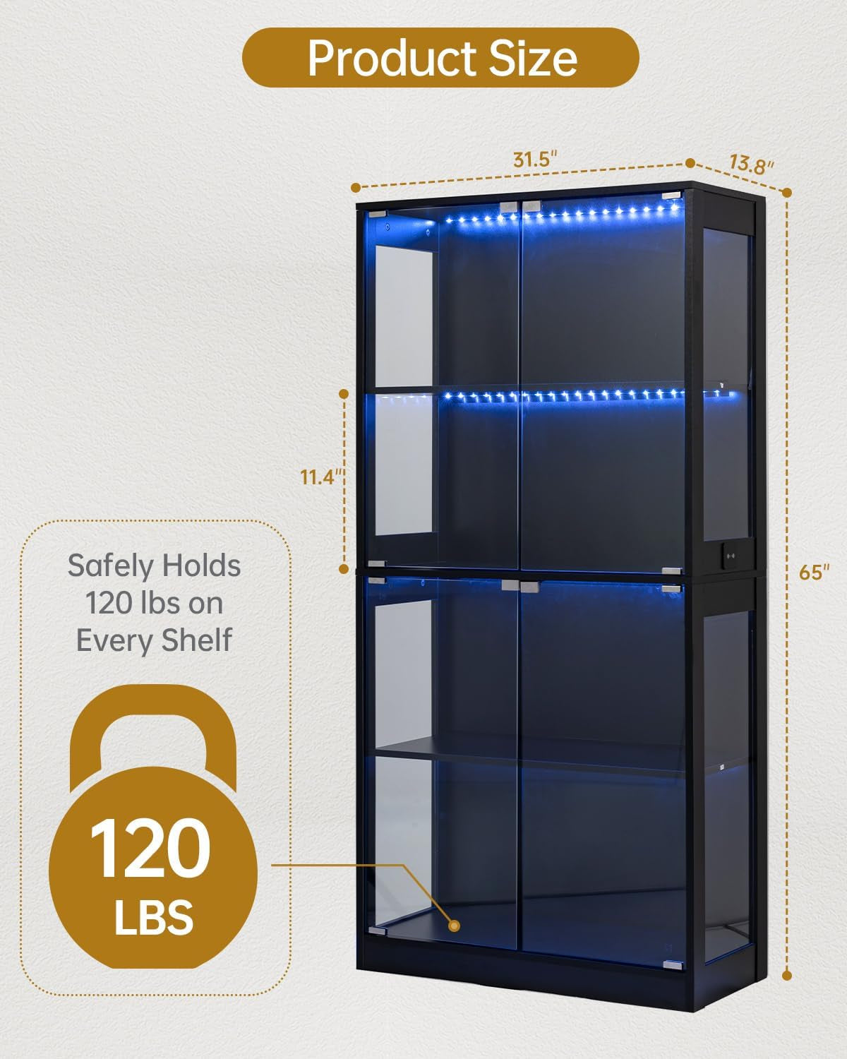 Glass Display Cabinet, 65" Tall Display Case with RGB Lights Curio Cabinet with Glass Doors 4-Tier LED Storage Cabinet with Human Body Sensor & Press-To-Open for Collectibles Book Figure (Black)