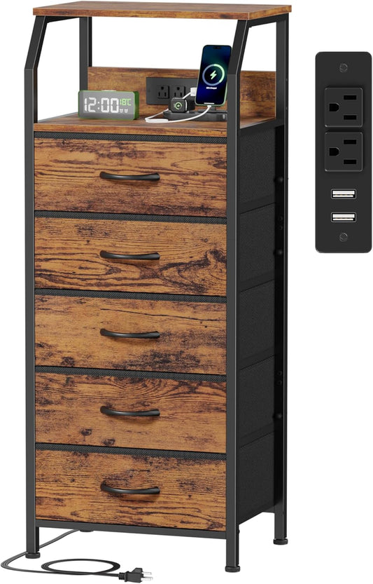5 Drawers Dresser with Charging Station, Tall Night Stand with Storage Shelf, Fabric Chest of Drawers, Bedside Table for Closet, Entryway, Bedroom Furniture, 3 Ways to Use, Rustic Brown