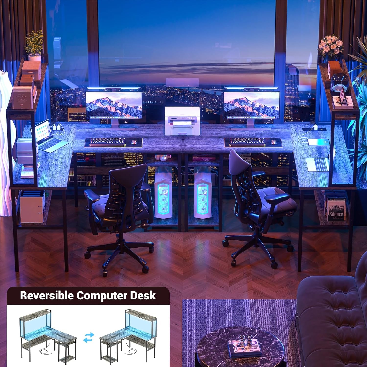 L Shaped Gaming Desk with LED Strip and Power Outlets, Reversible L-Shaped Computer Desk with Storage Shelves, Corner Desk with Hutch, 2 Person Home Office Desk, Black Oak