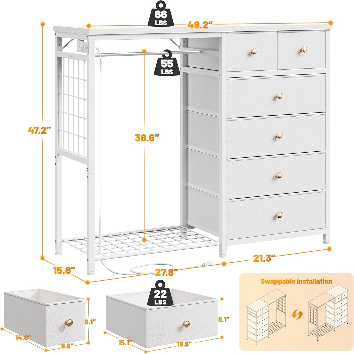 49.2" W White Dresser for Bedroom with Hanging Rack, 6 Drawers Dresser with LED Lights & Charging Station, Fabric Dressers & Chest of Drawers with Rack, Wooden Top, Grid Panel
